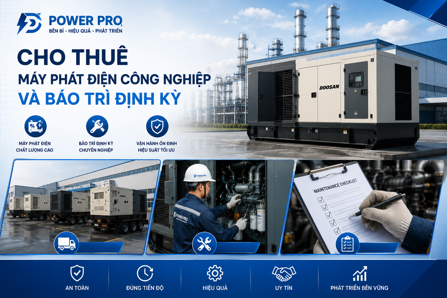 Cho thuê máy phát điện công nghiệp và bảo trì định kỳ cho nhà máy, KCN.